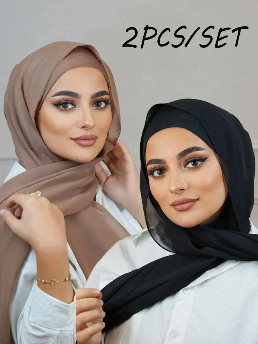 

2pc/set Instant Chiffon Hijab With Modal Undercap Basic Stretchy Pullover Headscarf Outdoor Thin Breathable Sunscreen Head Wrap