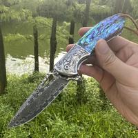 Folding knife Damascus blade Shell ebony handle Camping outdoor EDC pocket knife