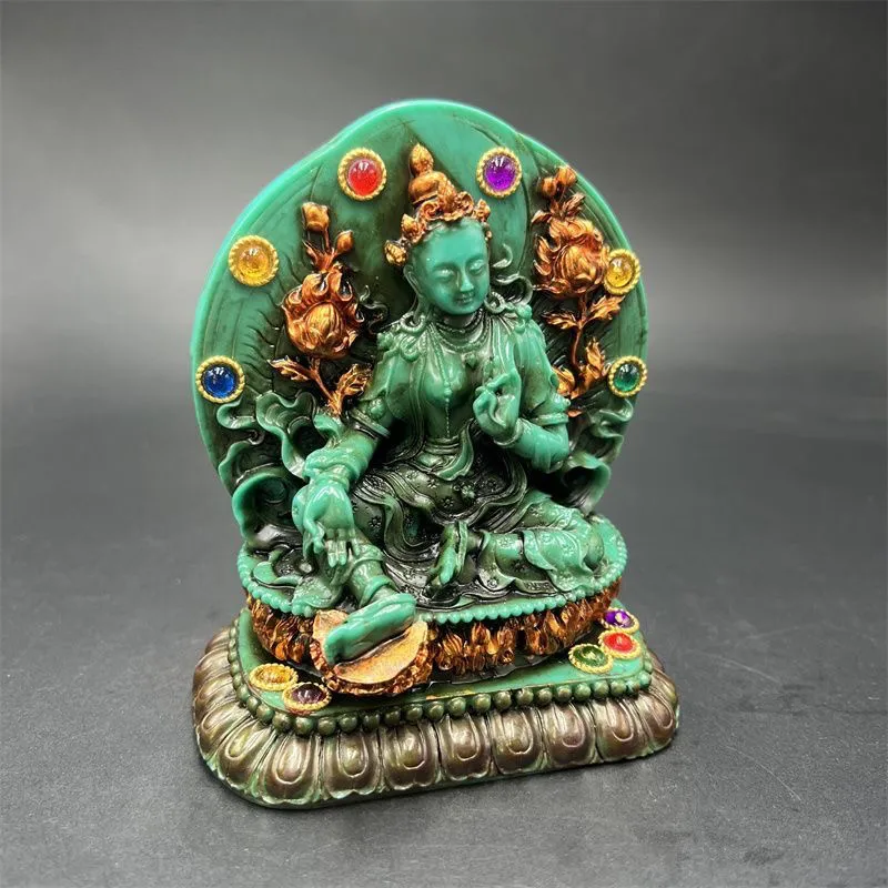 Tibetan Vintage Green Tara Statue Turquoise Gem Inlaid Rare Collectible Home Worship Ornament