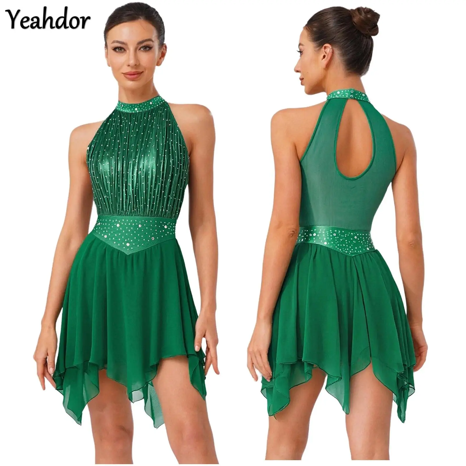 

Women Figure Ice Skating Costume Metallic Lyrical Dance Dress Sleeveless Backless Rhinestone Irregular Hem Ballet Leotard Dress