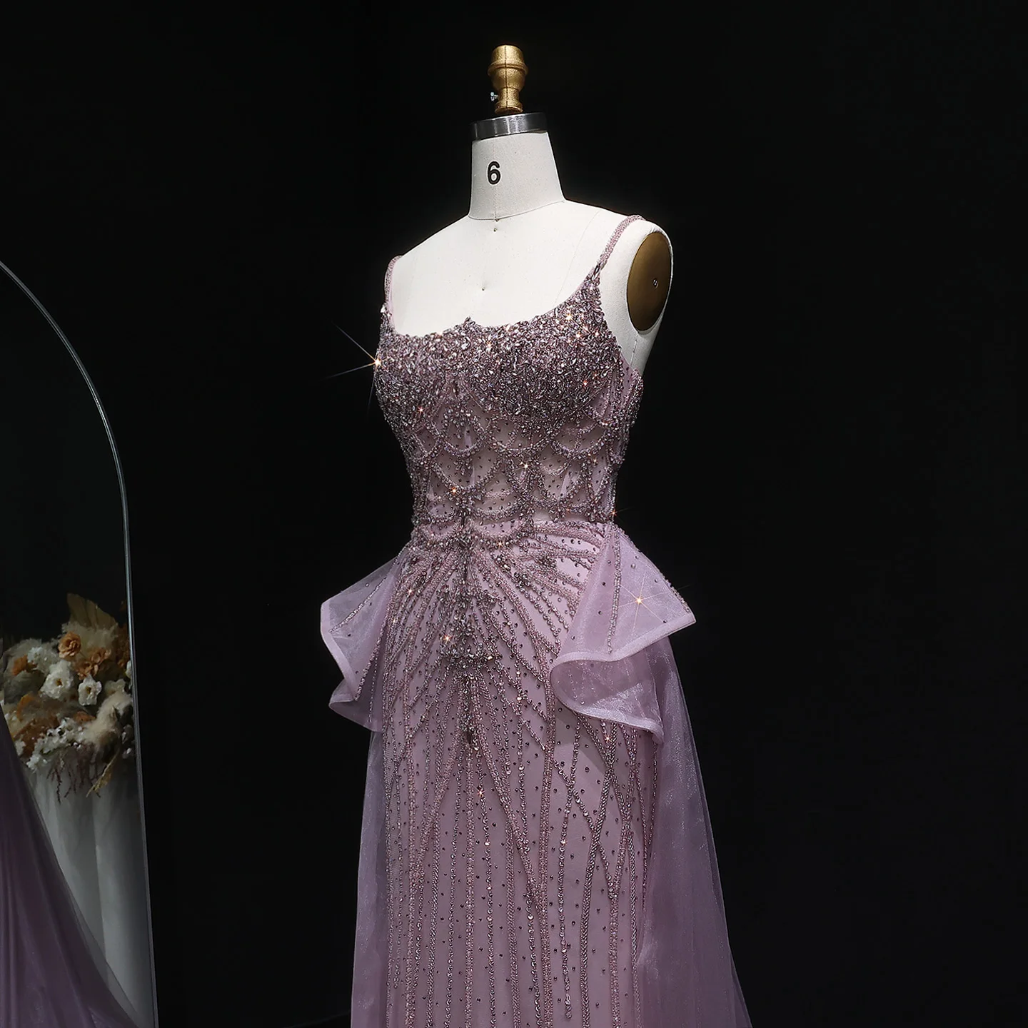 Sharon Said Dubai Rosa Meerjungfrauen-Abendkleid mit Überrock, Rüschen und Spaghettiträgern für Damen, Hochzeitsfeier, Ballkleid SS026, maßgeschneidert – Detail 8