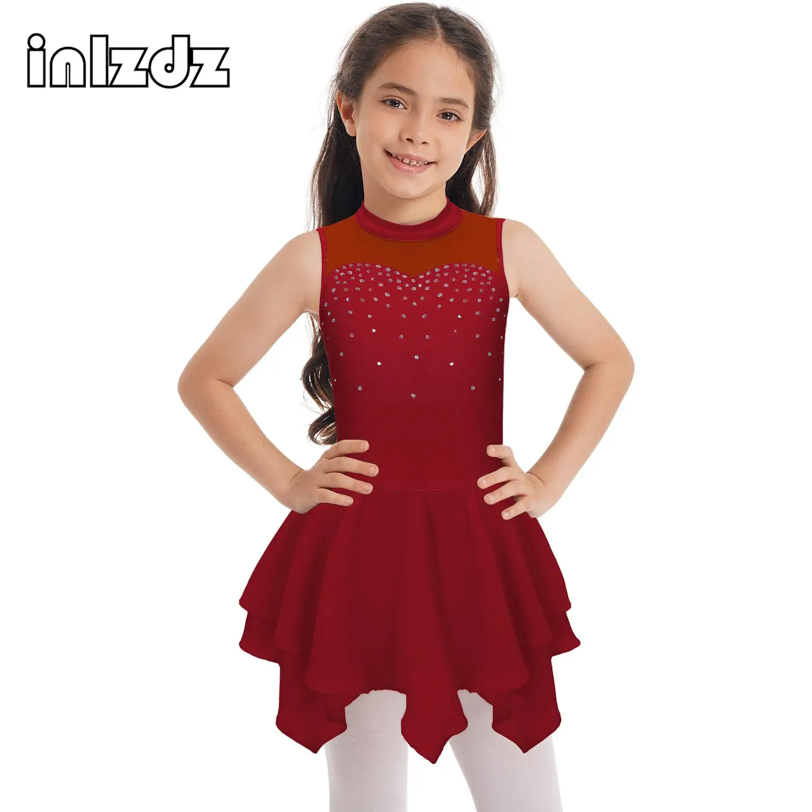 

Kids Girls Ballet Dance Dress Sleeveless Round Collar Shiny Rhinestone Mesh Patchwork Hollow Back Stage Performance Clothing