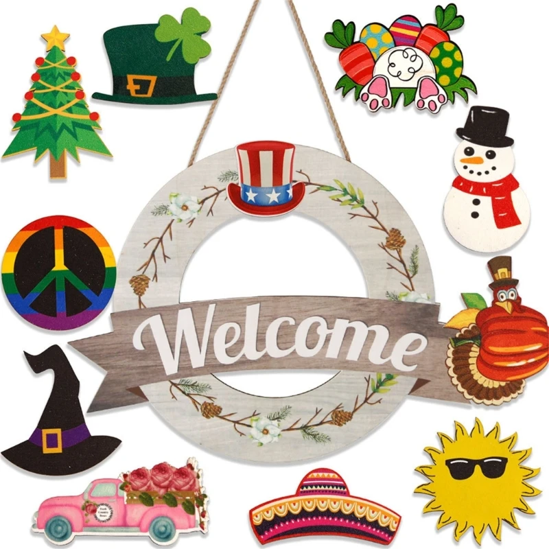 Interchangeable Seasonal Welcome Sign Front Door Decorations Round Wood Wreath Wall Hangings Outdoor Farmhouses Decors