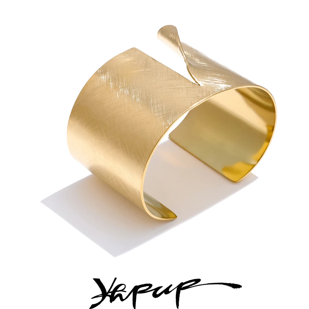 Yhpup 60mm Wire Drawing Polished Metal Cuff Wide Bracelet Bangle Minimalist Statement Stainless Steel Statement Wrist Jewelry