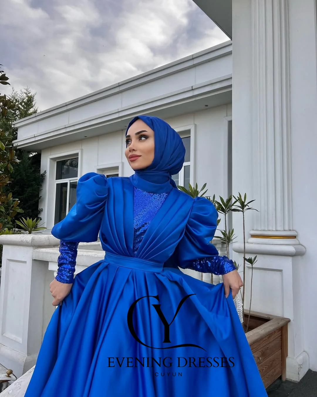 CUYUN Королевские синие мусульманские платья для выпускного вечера по индивидуальному заказу, драпированное вечернее платье с высоким воротником и длинными рукавами, Саудовское платье для торжественного случая