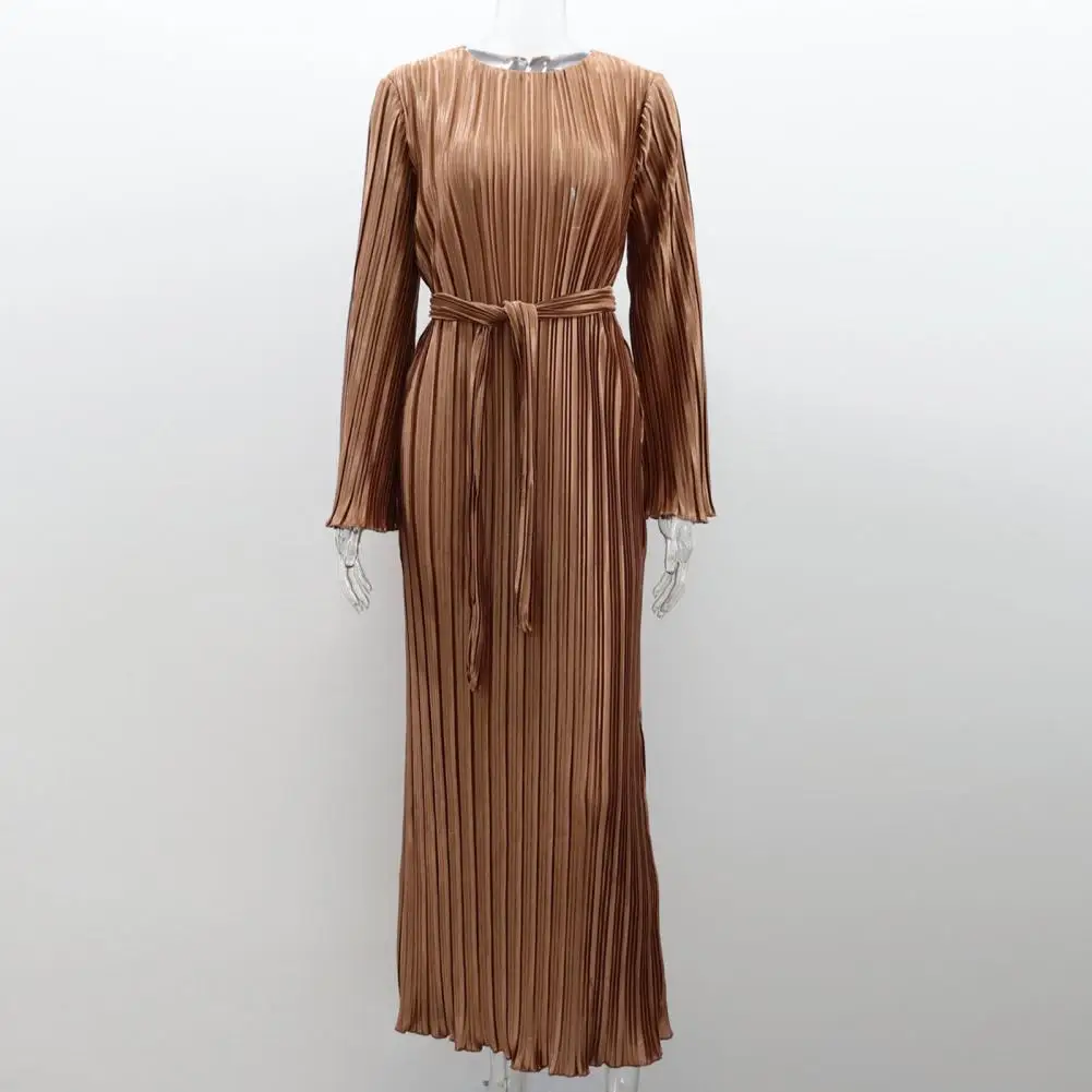 

Women Pleated Bell Sleeve Gown Elegant Striped Bell Sleeves Maxi Dress with Lace-up Detail for Women Autumn Spring Prom Party