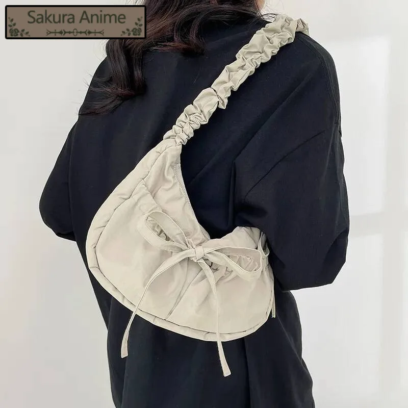 Y2k エステティック オールマッチ シンプル ショルダーバッグ レディース プリーツリボン カジュアル ソリッド ストリートウェア ヴィンテージ アンダーアームバッグ トレンディ