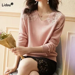 Korean Elegant Long Sleeve Lace Knitted Tops Autumn Winter Women's Clothing Fashion V-Neck Solid Sweaters T-shirt for Female