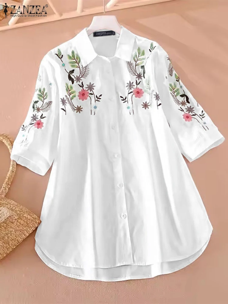 ZANZEA 꽃 프린트 롱 셔츠 탑 여성 빈티지 블라우스 여름 3/4 슬리브 Lepel Neck Tunics 2025 캐주얼 가디건