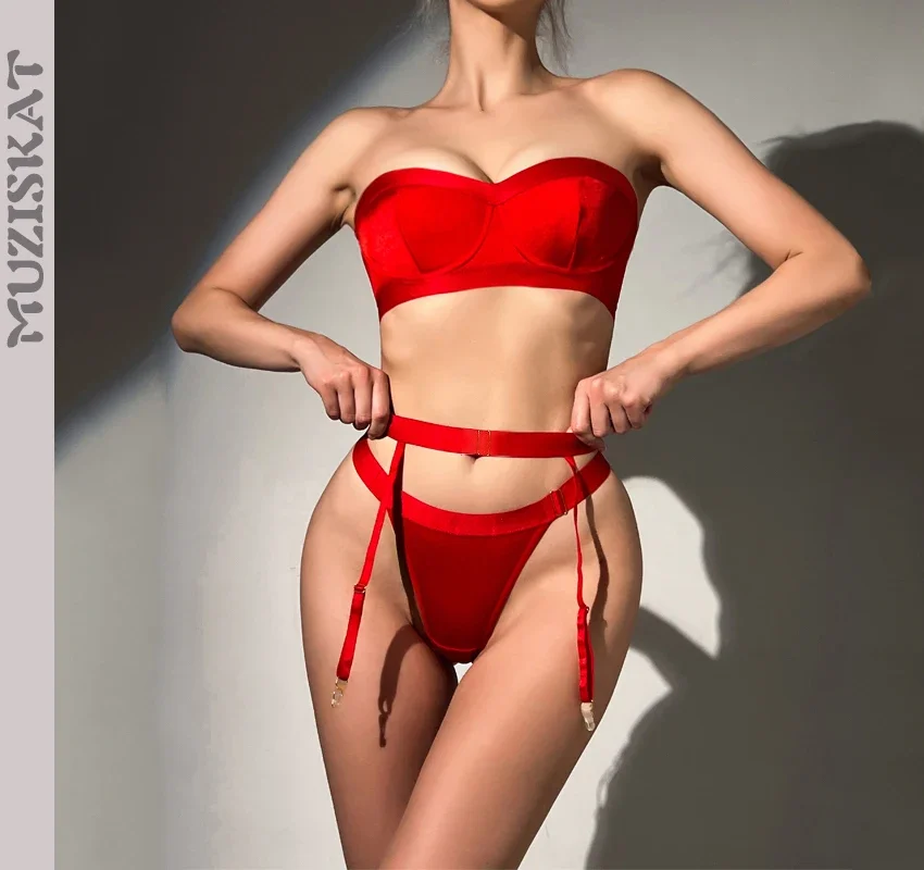 

MUZISKAT 2024, летняя горячая распродажа, сексуальный однотонный бюстье на молнии, жилет, эротическое белье, комплект из трех предметов