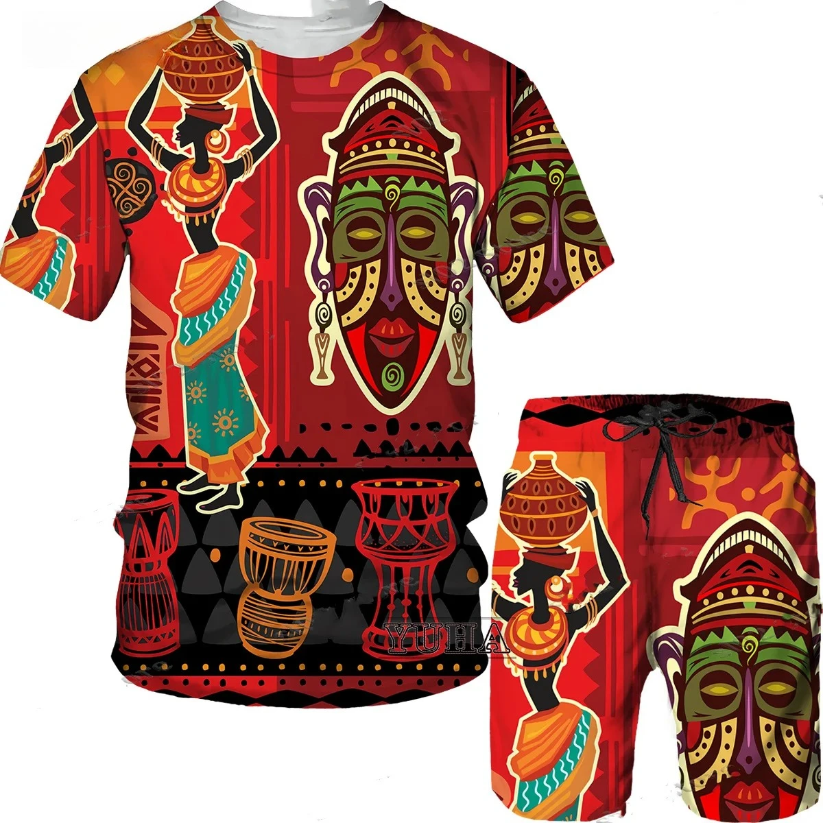 2025 Summer 3D Printed African Folk Pattern Men's T-shirt and Shorts Set 2-piece Set Hip Hop Style Short Sleeve Round Neck