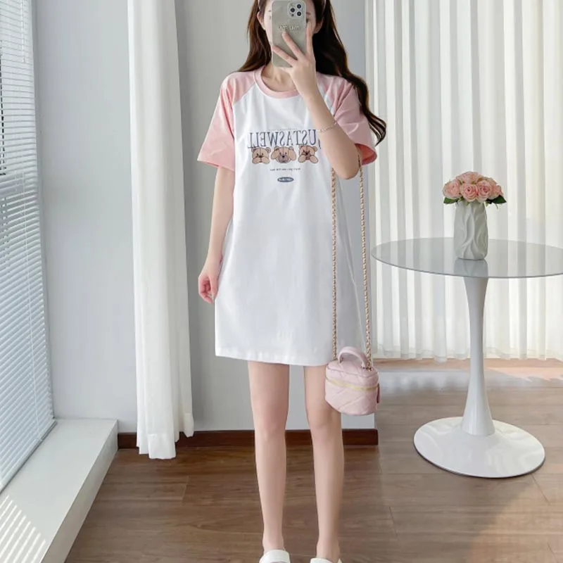 

Летнее женское платье для беременных с коротким рукавом, свободным кроем, принтом и круглым вырезом, с мультяшным рисунком