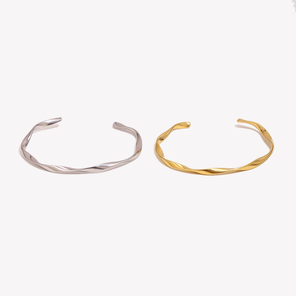 E.B.belle Mobius Twisted Thin Open Cuff Bracelet 18K Gold Plated Adjustable Bangle Hypoallergenic Stainless Steel Jewelry Gift