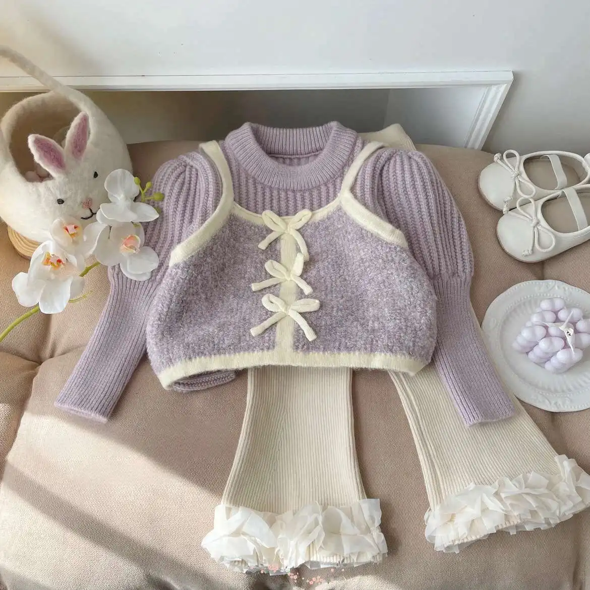 

Одежда для девочек, вязаный свитер, осень 202, искусственный свитер из двух предметов для маленьких девочек, однотонные вязаные брюки-клеш