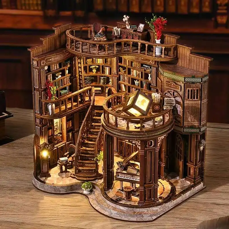 

Retro Dreamy Book Hall DIY Wooden House Figurines Miniatures Kits With LED Lights Home Desk Decoration For Adult Handmade Gifts