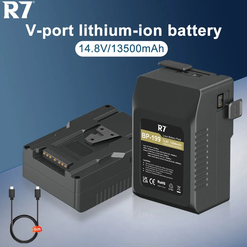 

R7 V-Mount Battery BP-199 13500mAh Long-Lasting for Sony Camera, PD45W Type-C Fast Charging, LED Light, Multi-Use