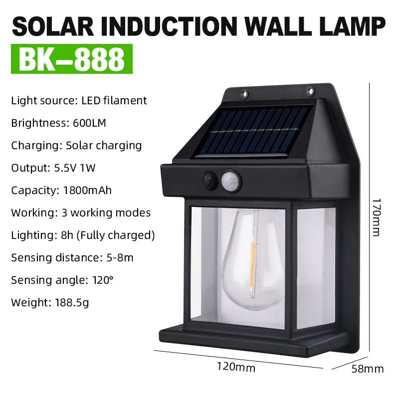 Solar outdoor tungsten wire courtyard wall lamp, human induction lamp, garden energy-saving street lamp, small night lamp