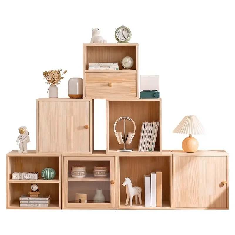 Solid wood bookshelf, bookcase shelf, integrated with cabinet door and locker