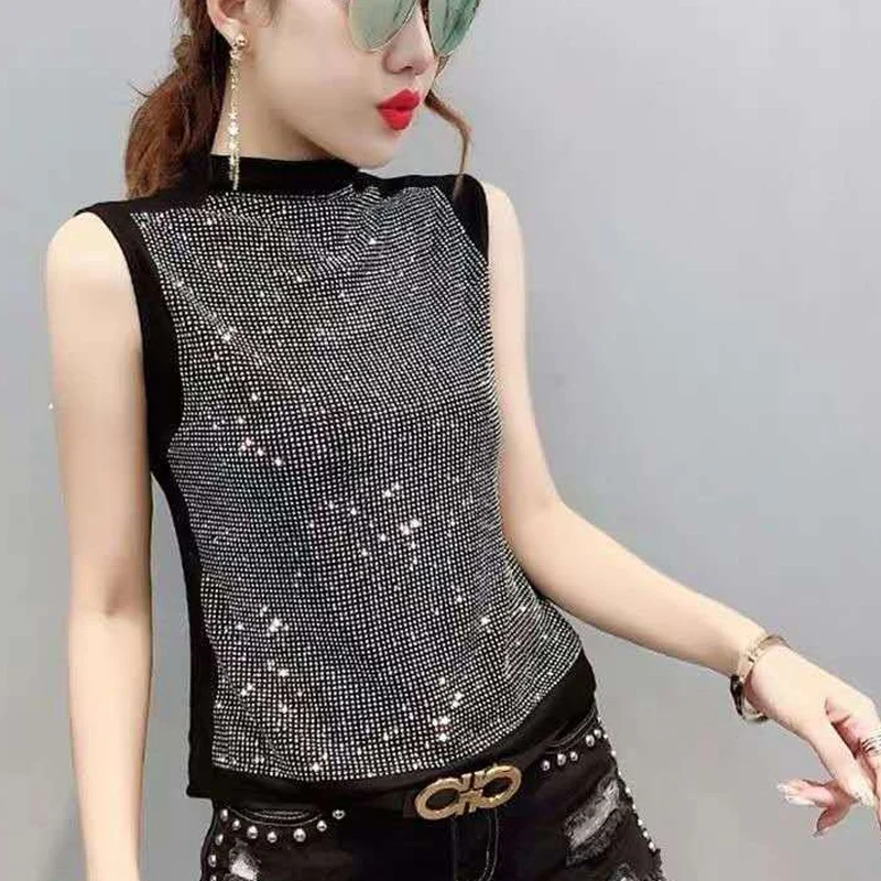 

Summer New Fashion Sleeveless Vest Women High Street Casual Slim Ventilate Pullovers Elegant Rhinestone All-match Chic Tops