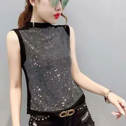 Summer New Fashion Sleeveless Vest Women High Street Casual Slim Ventilate Pullovers Elegant Rhinestone All-match Chic Tops