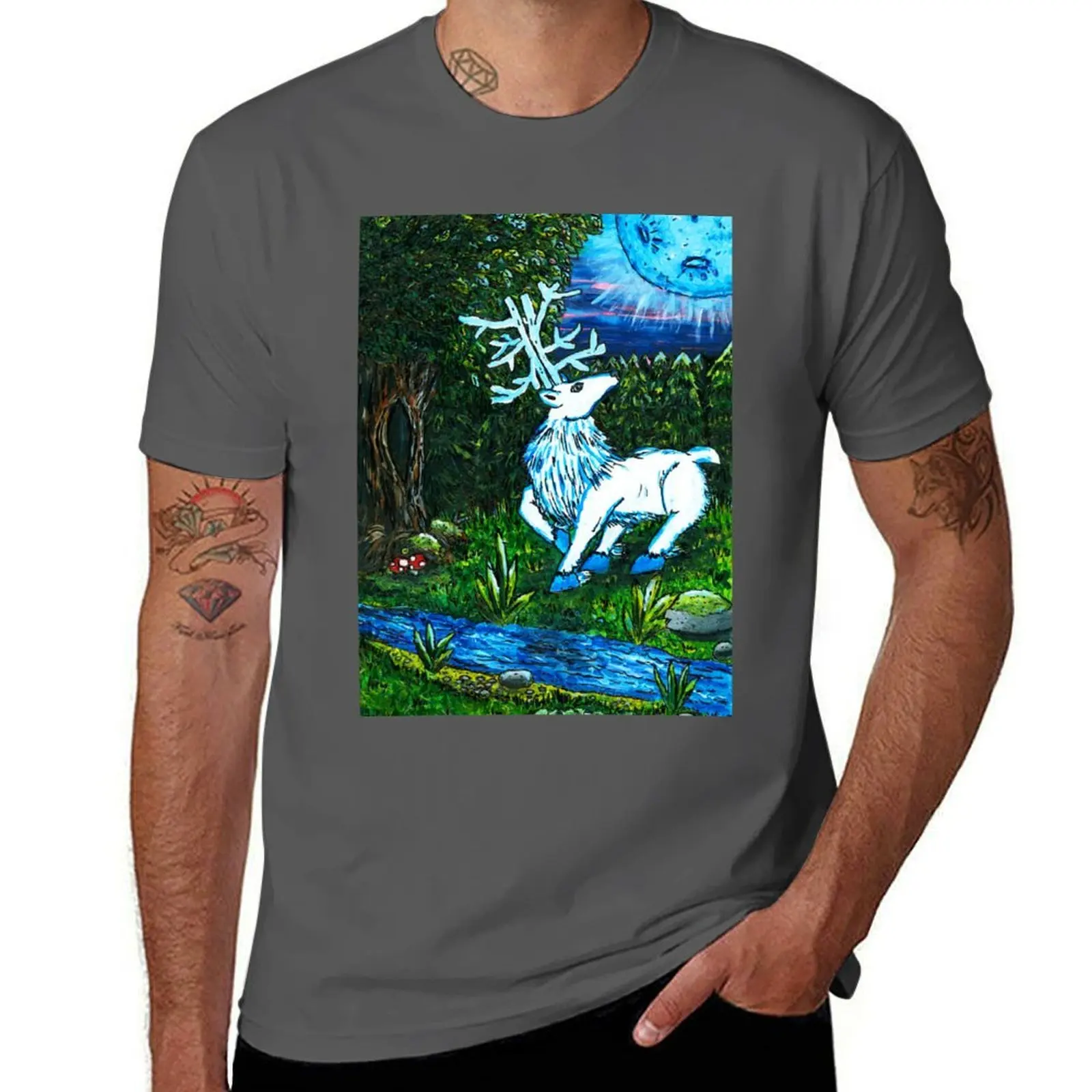 

Dark Forest With White Stag T-Shirt Basic Plain Short Sleeve Crew Neck Tee