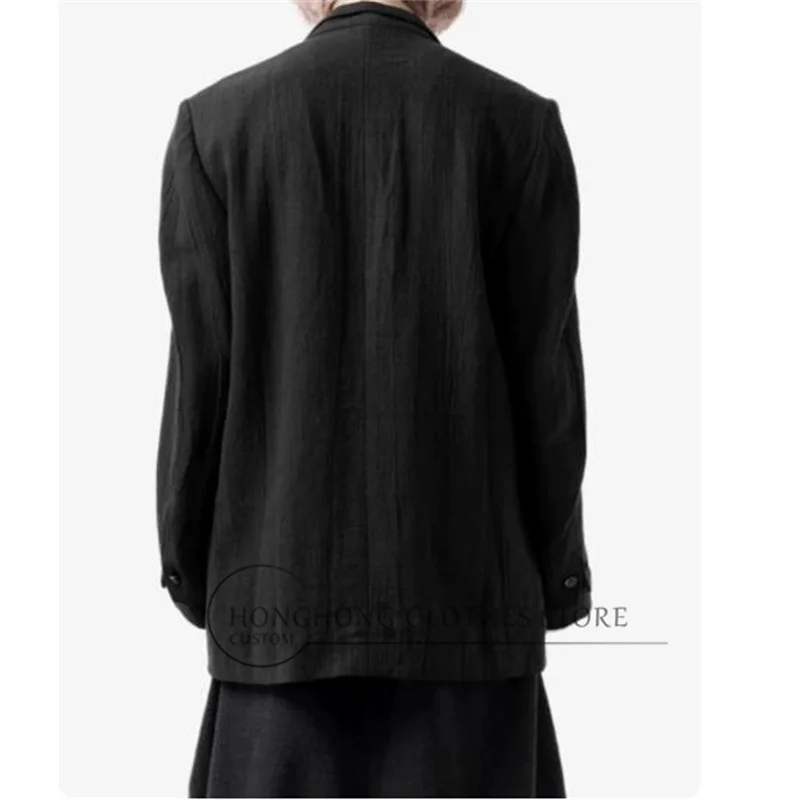 Black textured pleated suit. Customized size. Retro and simple one-button double-sleeved black wind jacket.