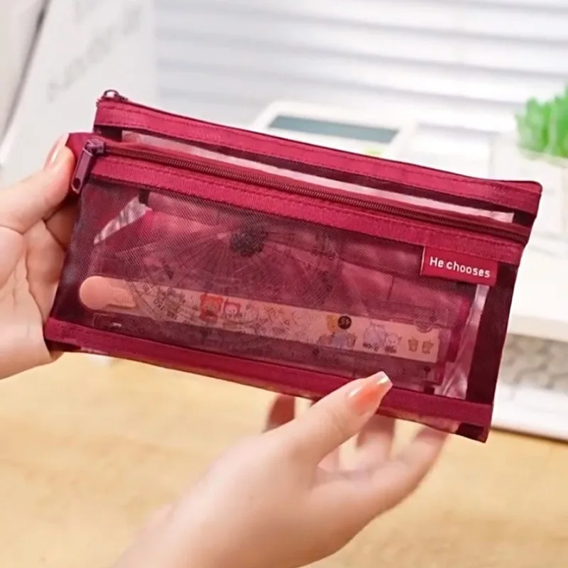 

Large Capacity ID Credit Card Holder Pencil Bag Double Layers Mesh Pens Stationery Organizer Bags Pouch Storage Holder Bag