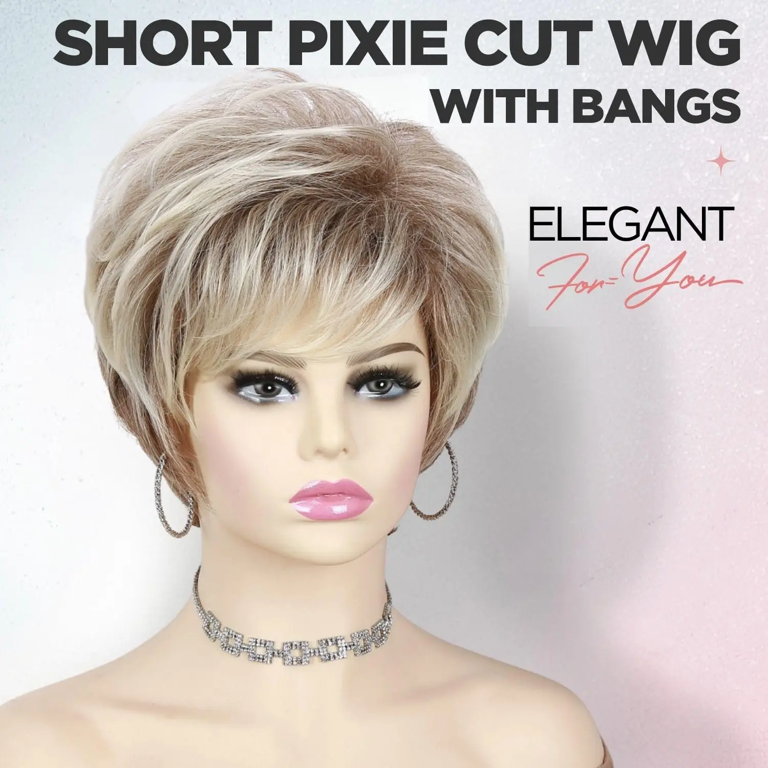 Short Blonde Pixie Cut Wig for White Women, Layered Ombre Blonde Synthetic Wig with Bangs, Natural Looking Short Hair Wig