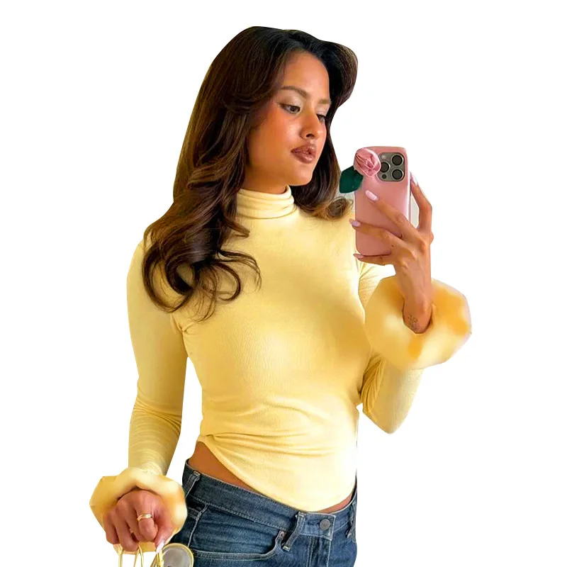 

Slim Fit Long Sve Pure Color Top Women's Faion Summer T-irt Polyester Material f High Collar ort Length