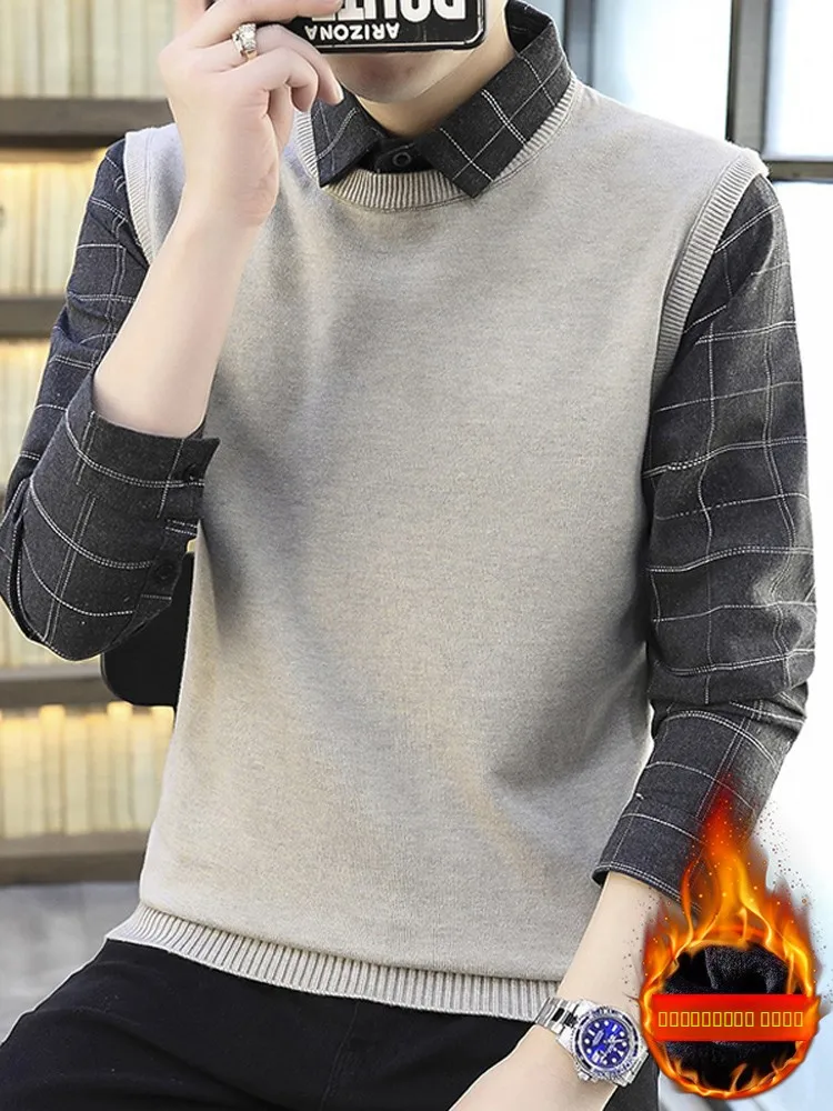 

Men's Knitted Faux Two-Piece Sweater Casual irt Collar Vest Winter Warm Plaid Long Sve Top Youth Faion Knitwear