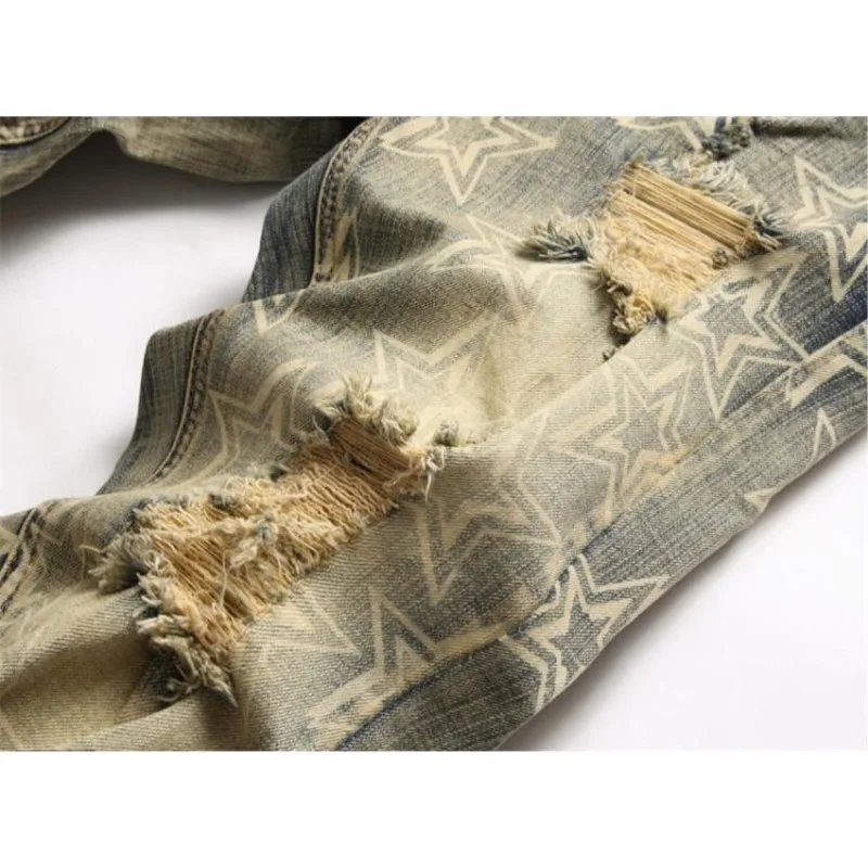 Men's Clothing Retro Nostalgic Knee Ripped Print Jeans Trendy Brand Distinctive Elastic Slim Fit Small Feet Baggy Jeans