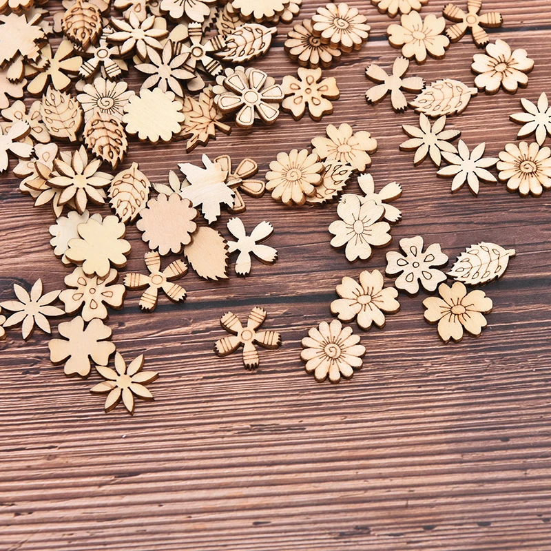 100pcs Mix Wooden Pieces Creative Flower Leaves Cutouts Slice For DIY Wooden Art Decoration Home Party Doodle Scrapbooking