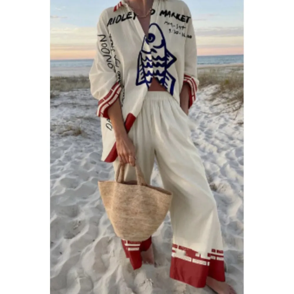 

Beach Holiday Fashion Print Suit Lapel Long Sleeve Single-breasted Shirt Top+Wide-leg Pants 2-piece Set Women Casual Suit Female