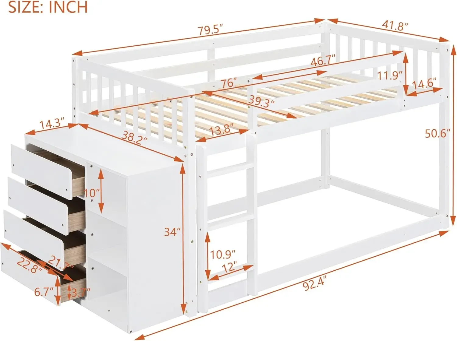 Curry & Design Brilhante Low Beliche com armazenamento, Twin Over, Twin Floor Beliche Quadro, 4 gavetas e 3 prateleiras, madeira maciça