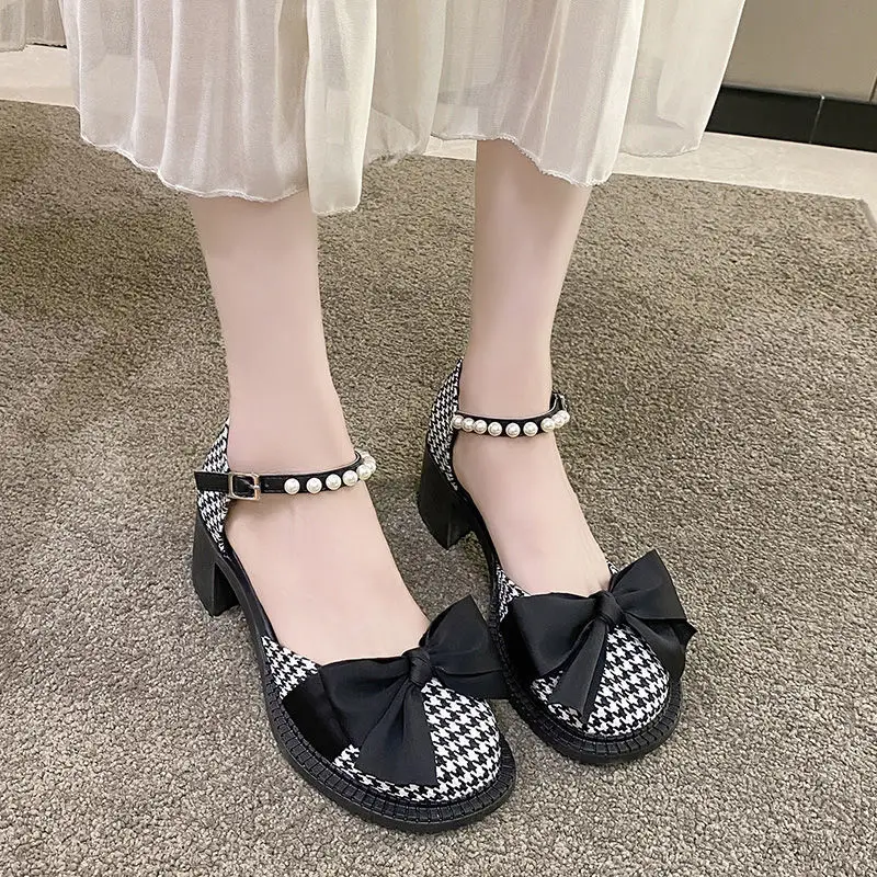 Summer 2024 Round Toe Tip Footwear Rhinestones Sandals for Woman Closed Women\'s Shoes Black Heeled Pumps High Heels Diamond Bow