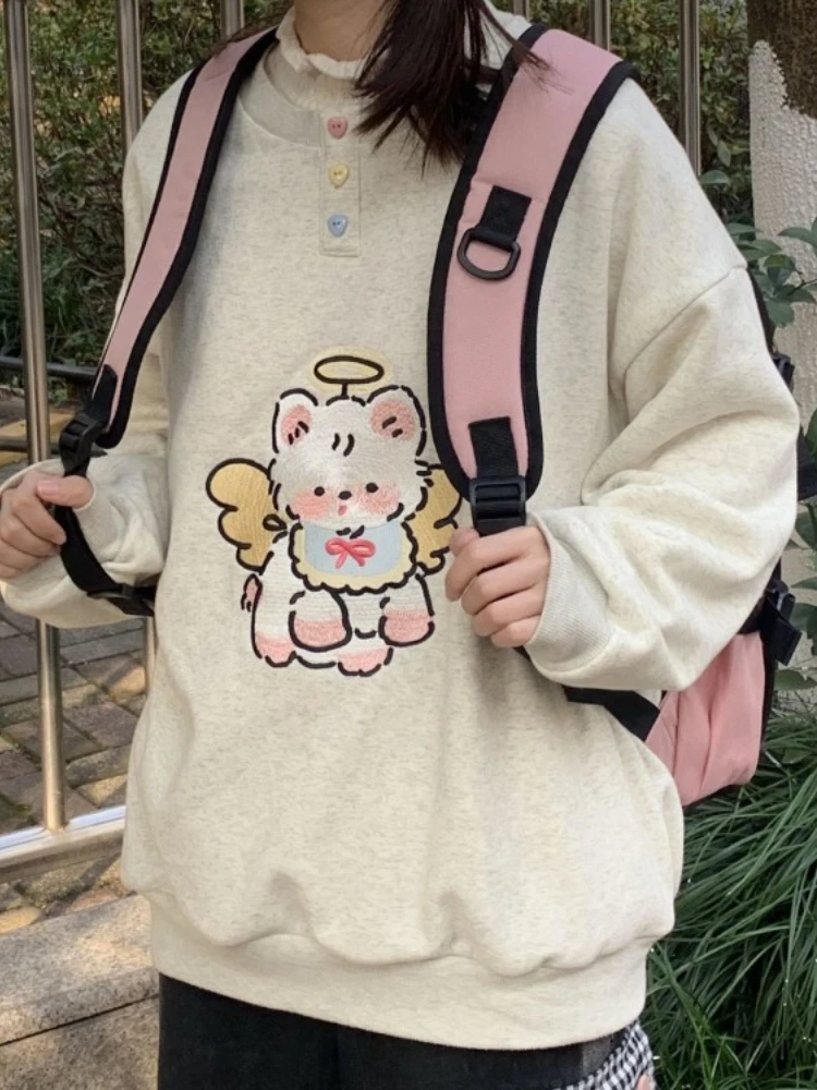 Japanese Kawaii Cute Loose Cartoon Hoodies  Embroidery Fashion Button O Neck Pullovers Y2 Casual Sweatshirts Womens Top