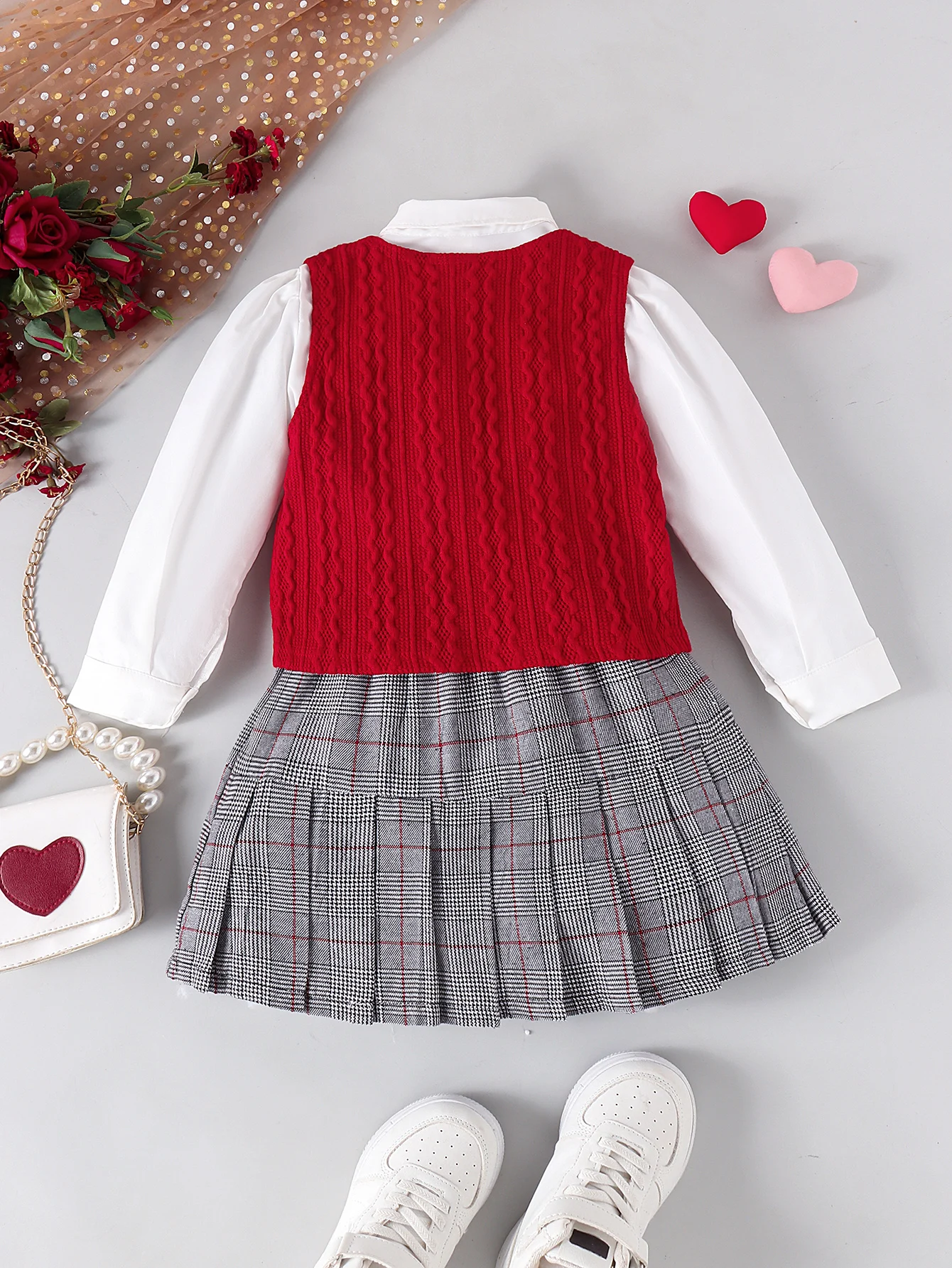 3PCS Autumn And Winter 2-7 Years Old Primary And Secondary School Girls College Style White Shirt + Red Vest + Short Skirt Suit