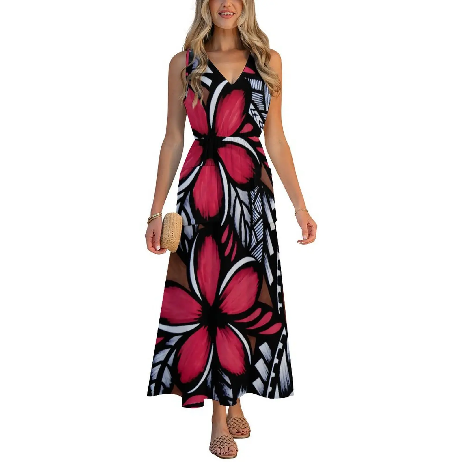 Customizable Polynesian-Style Sexy Slimming Dress Customizable Patterned Beach Dress With V-Neck Design