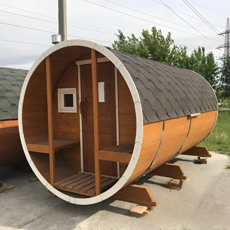 Wholesale Drum Red Cedar Sauna Outdoor Garden Solid Wood Sauna Fitness Chalet