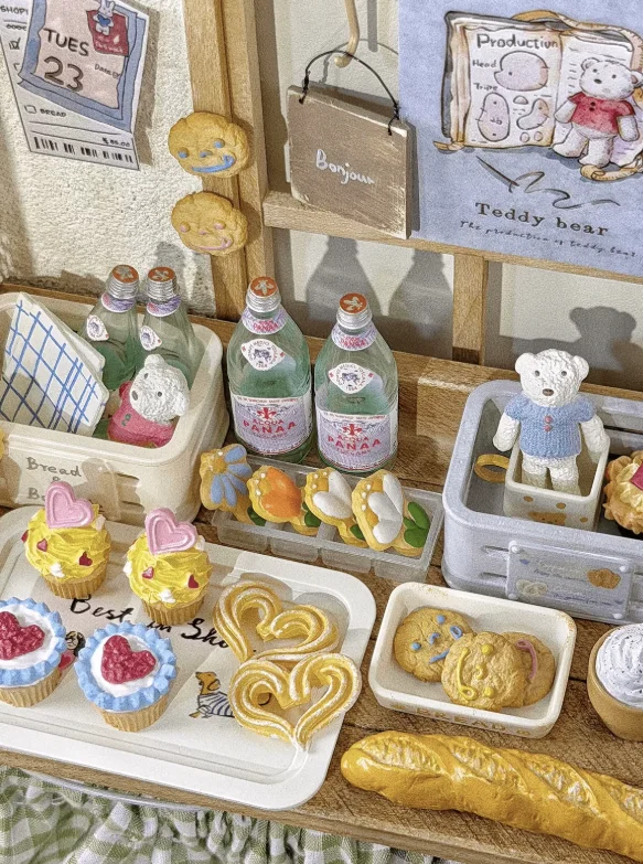 1/6 Scale Miniature Dessert Collection: Heart Cake, Churros, Smile Cookies Soda Bottle & Tiny Bear for BJD Dollhouse Party Scene