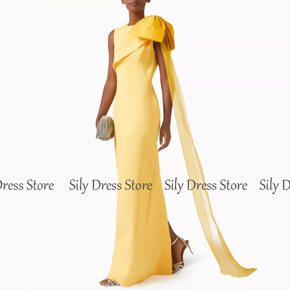 Chic Prom Dresses for Ladies Jersey Sheath/Column Formal Evening Dress Yellow O-Neck Bow Draped Split Bespoke Occasion Gown Long image 3