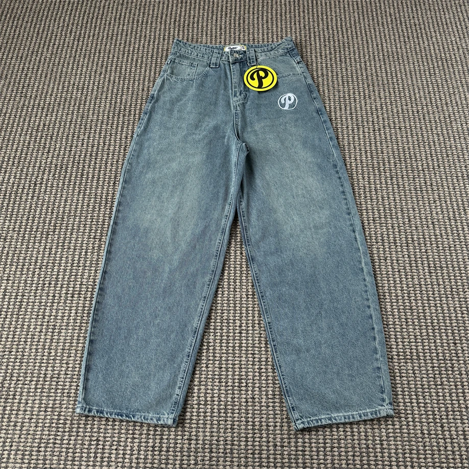 

Loose Embroidered Casual Jeans Men Women Sle Denim Pants l Waist Button Closure Spring Season Couples Fit Elastic