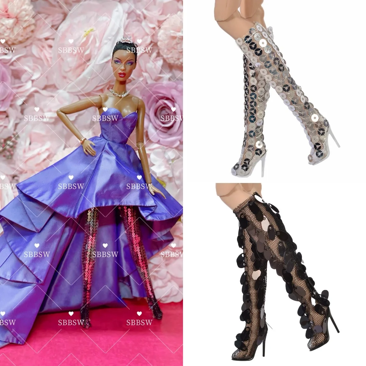 Lace Transparent Sequin High Heels Fashion Design Senior Sense Long Boots For 1/6 FR2 Babi Supermodel Doll Shoes Accessories