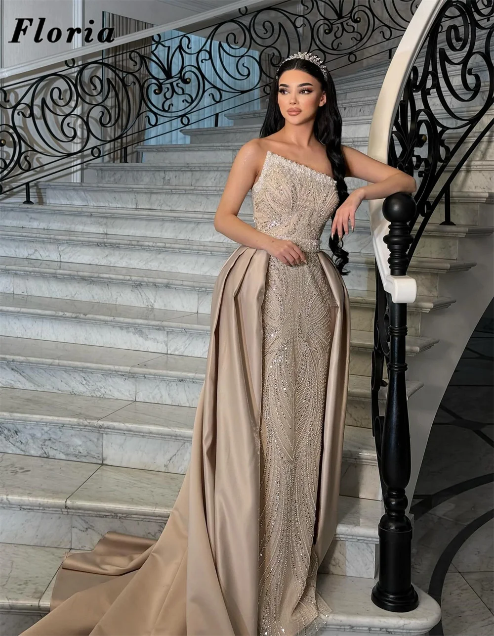 

Customized Champagne Strapless Evening Dresses With Overskirt Elegant Arabic Beaded Party Gowns For Weddings Robes Prom Dress