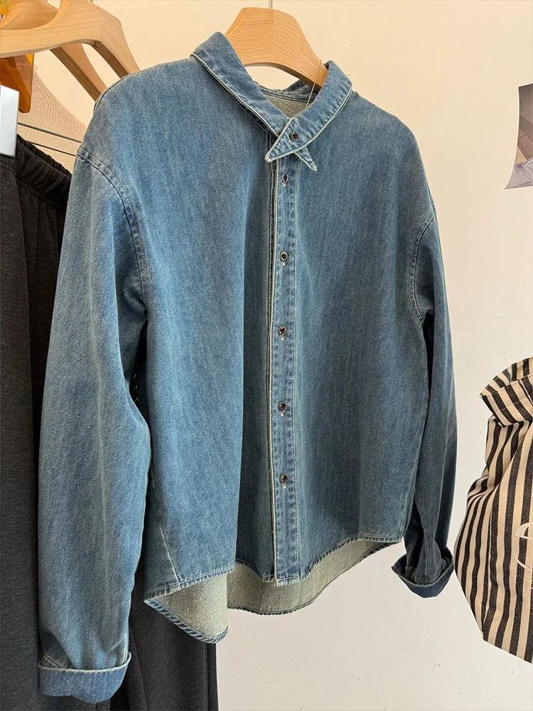 

Retro Waed Denim irt Women's Loose Cross Collar Outerwear Top Layering Faion Brand Button Korean Sle Long Sve