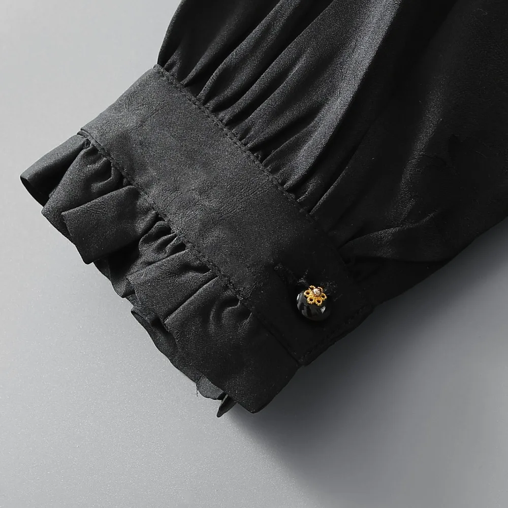 30MM Heavy Satin 100% Natural Mulberry Silk Jacquard Satin French Fungus Edge Temperament Women's Stand Up Collar Shirt