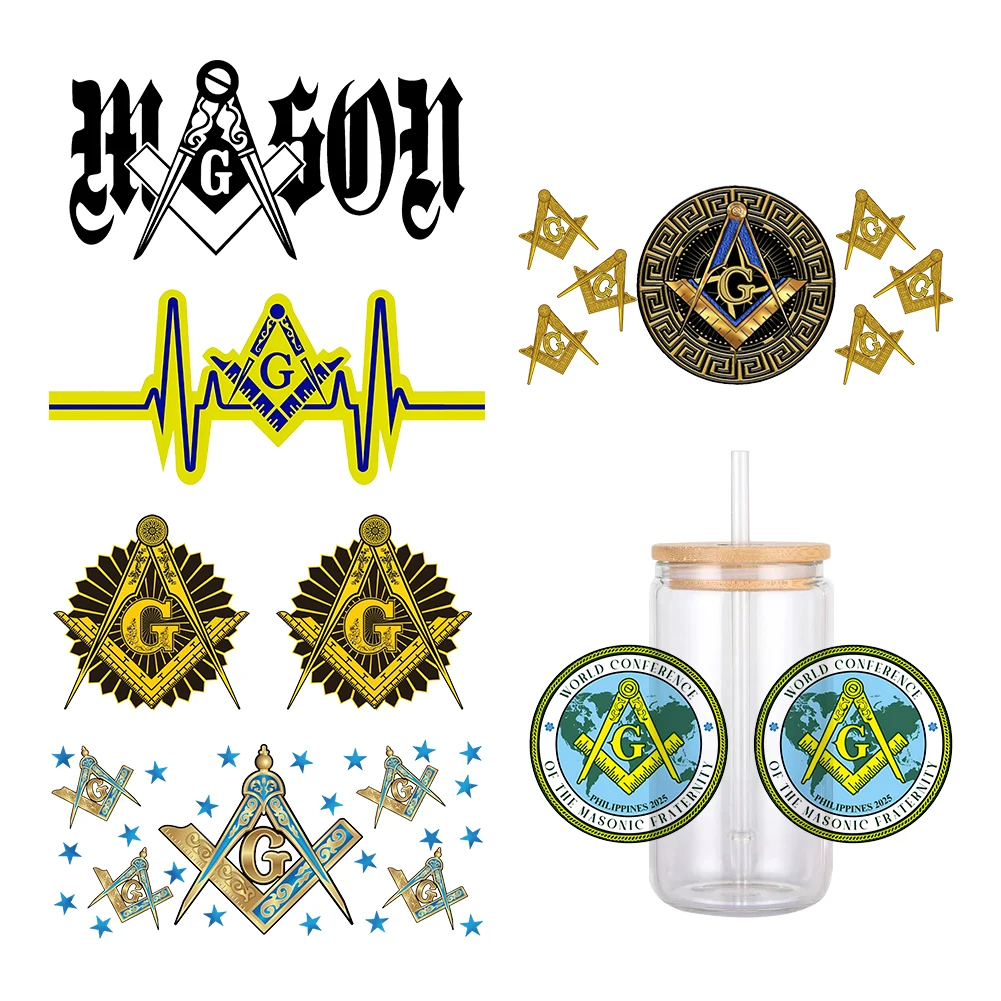 Mason Masonic Fraternity Pattern UV DTF Transfer Sticker Waterproof Transfers Decals For 16oz Glass Cup Wrap Stickers