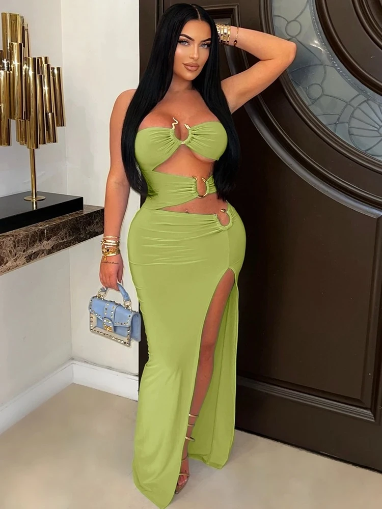 BWQ Women's Off Shoulder Cut-Out Snake Metal Long Dresses Glam Hollow Out High Slit Night Out Dress Female Vestido Clubwear 2025
