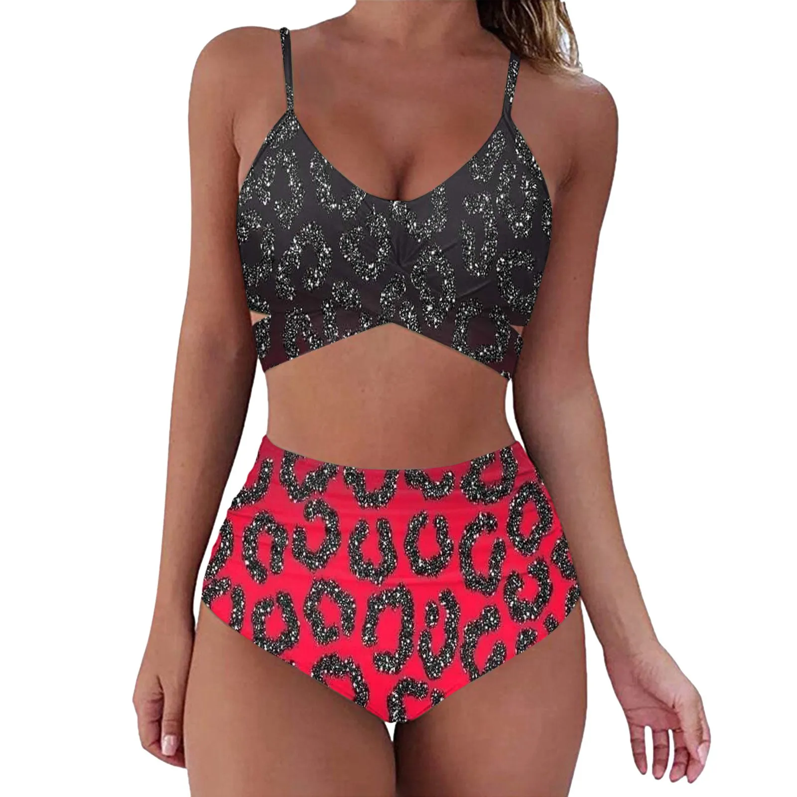 Conjunto de Bikini Floraprint para mujer, traje de baño de dos piezas con realce, cintura alta, estampado sólido, Tankini