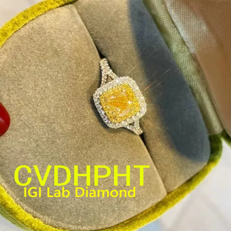

Solid 18K Gold Ring Lab Grown Yellow diamond 2 Ct Cushion Cut Ring Certified Engagement Rings Fine Jewelry for Wedding